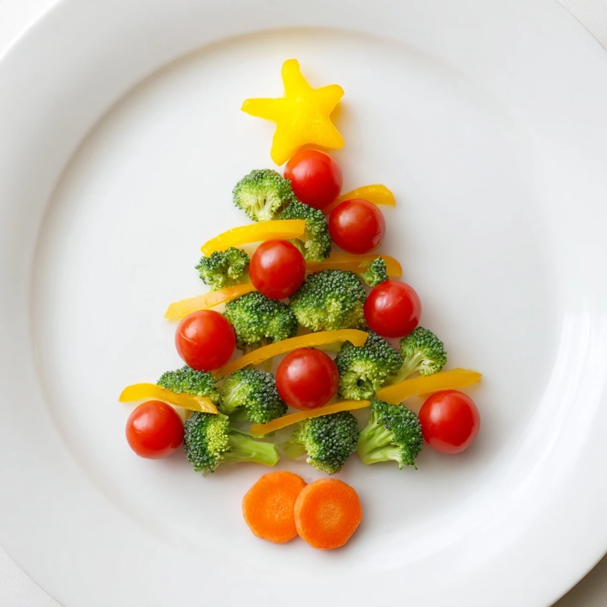 A vibrant Broccoli Tree, with juicy cherry tomato ornaments and yellow bell pepper star, perfect for kids.