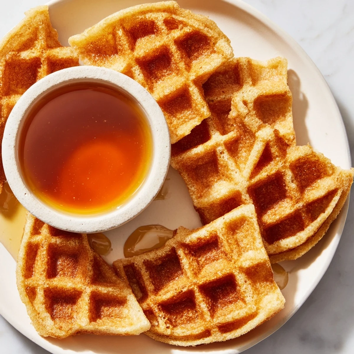 Close-up of golden Waffle Quarters with Syrup Dip Bowl, ready to be dipped and enjoyed by everyone.