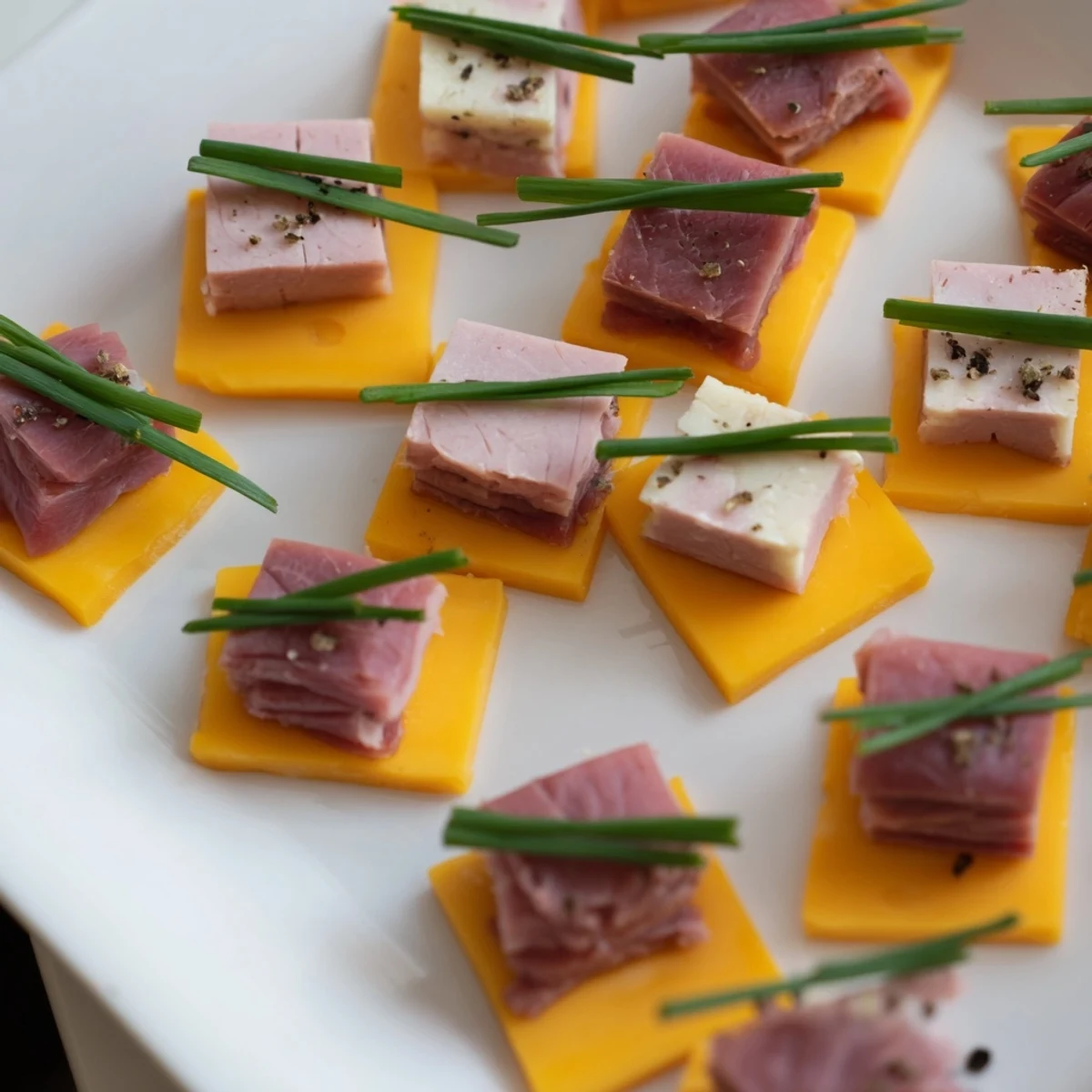 Checkerboard Picnic Bites: A close-up view of a vibrant, checkerboard appetizer with sharp cheddar and roast beef.