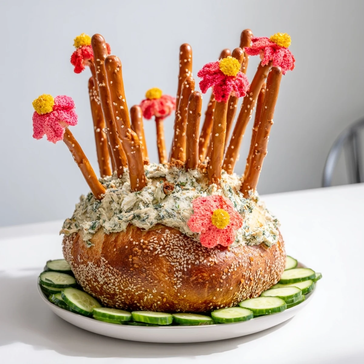 Eye-catching Desert Cactus Bloom appetizer with pretzel "needles" and vibrant fruit leather flowers.