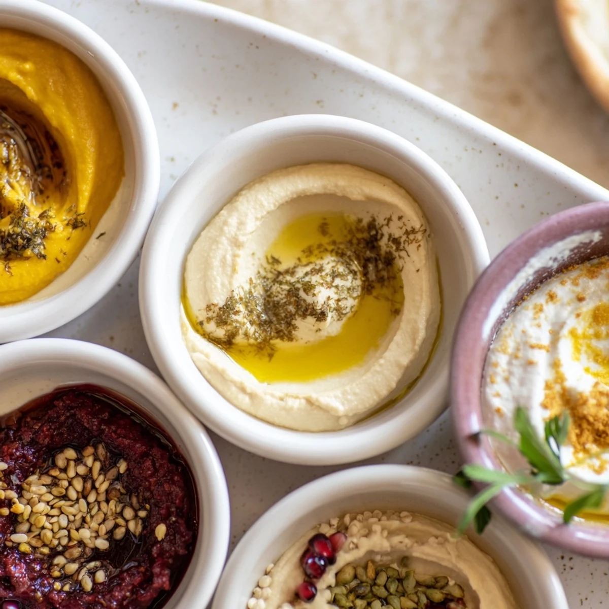 Vibrant Moroccan Tile Mosaic appetizer displays colorful dips, olives, and nuts in small, decorative bowls.