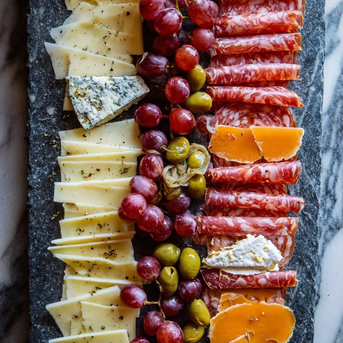 Arranged on a slate, The Industrial Slate features a vibrant array of cured meats and sharp cheeses.