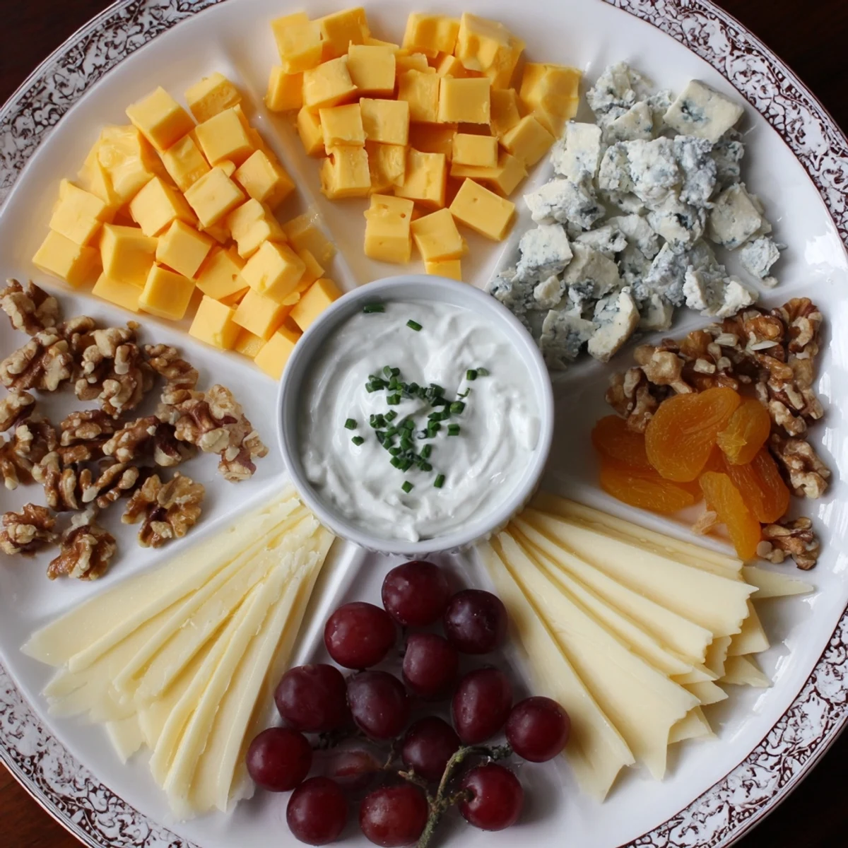 A beautiful Celtic Cross Cheese Platter arranged with colorful cheeses and fruit, ready to serve.
