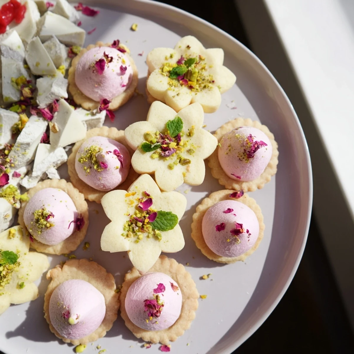 A beautifully arranged Daisy Chain Dessert Tray filled with mini cookies, meringues, and chocolate bark.