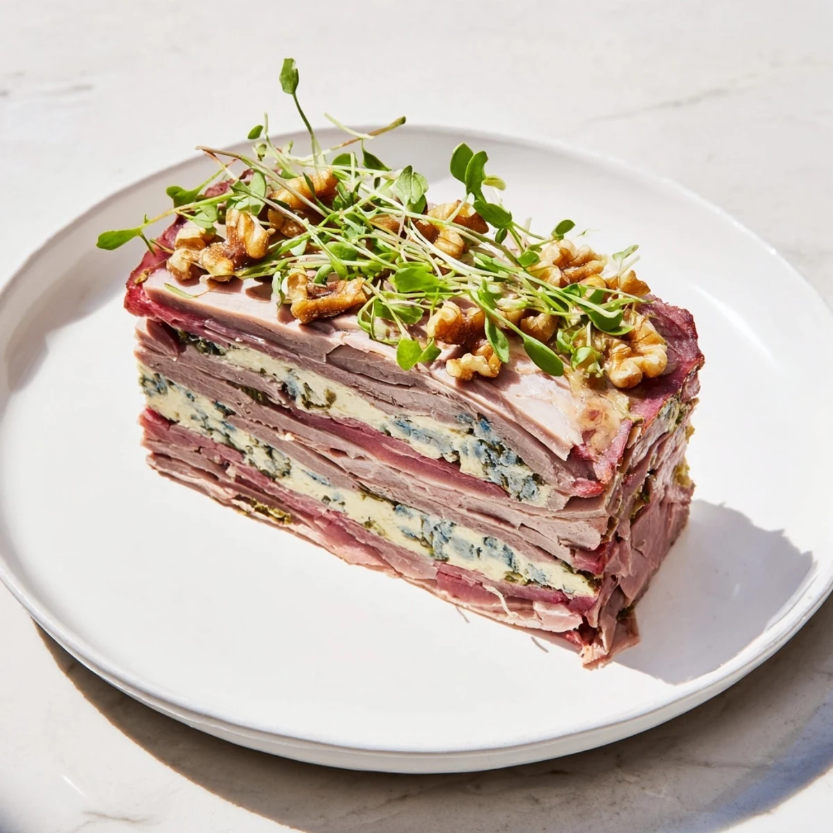 Visually stunning Grand Canyon Rim terrine, showcasing layered meats and a vibrant blue cheese river.
