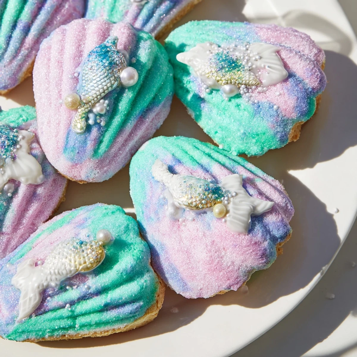 Beautiful Mignardises Queue de Sirène: dainty, colorful madeleines dipped in white chocolate and sprinkles, ready to enjoy.