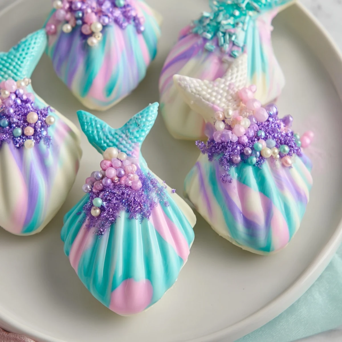 Close-up of freshly decorated Mignardises Queue de Sirène, showing the shimmering sprinkles and delicious white chocolate coating.