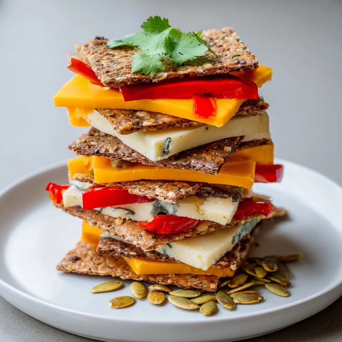A Southwest Mesa appetizer showcasing layered cheeses, crackers and pepper for a beautiful presentation.