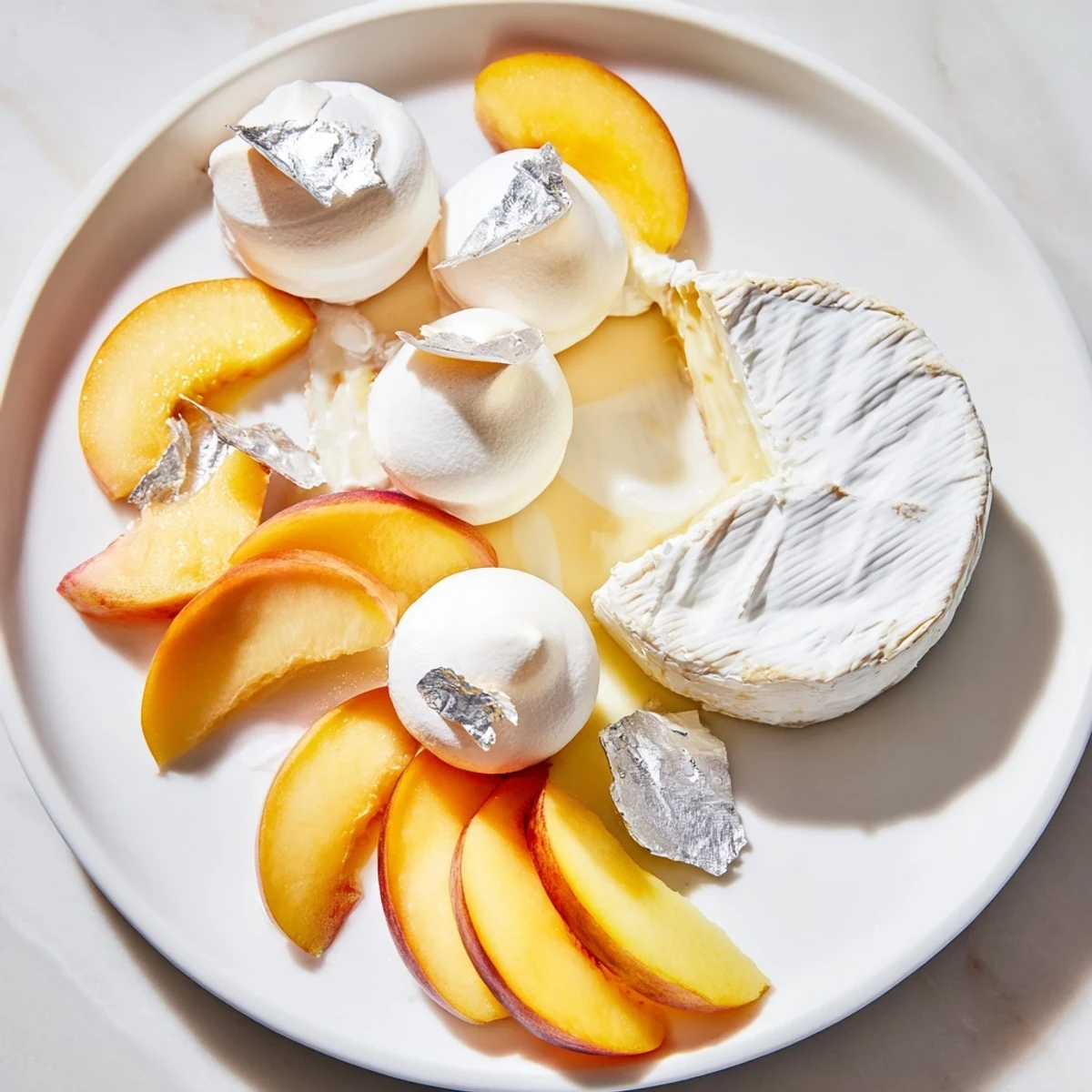 Imagine fresh white peaches and brie featured in a celebratory presentation of The Pearly Gates cheese board.
