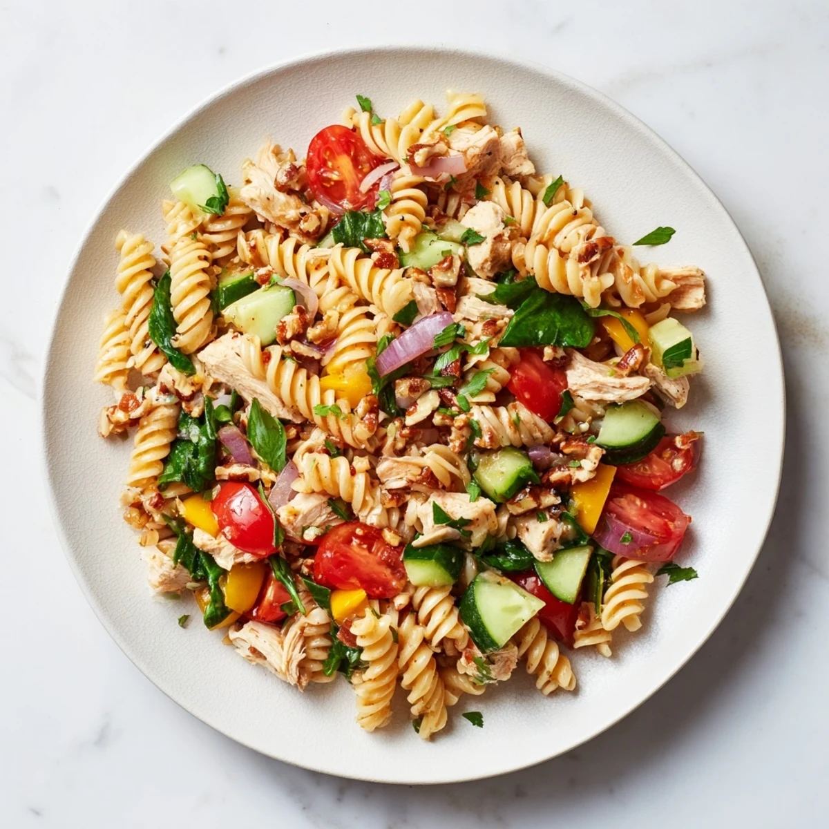 Pasta salad with cranberry vinaigrette, showing a refreshing bowl of colorful pasta, chicken, and vegetables.