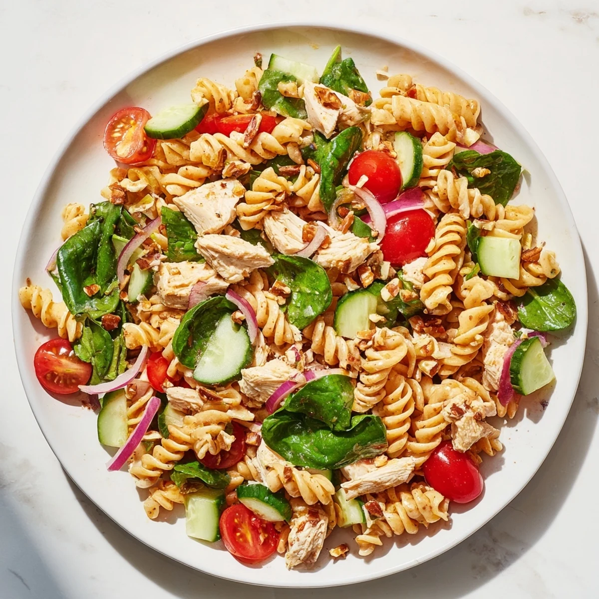 A close-up of pasta salad with cranberry vinaigrette, highlighting vibrant colors and fresh, crisp ingredients ready to enjoy.