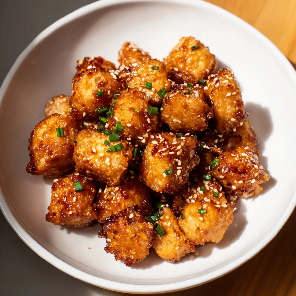 Golden and crispy air fryer turkey bites glistening with honey and soy sauce, ready to serve and enjoy.