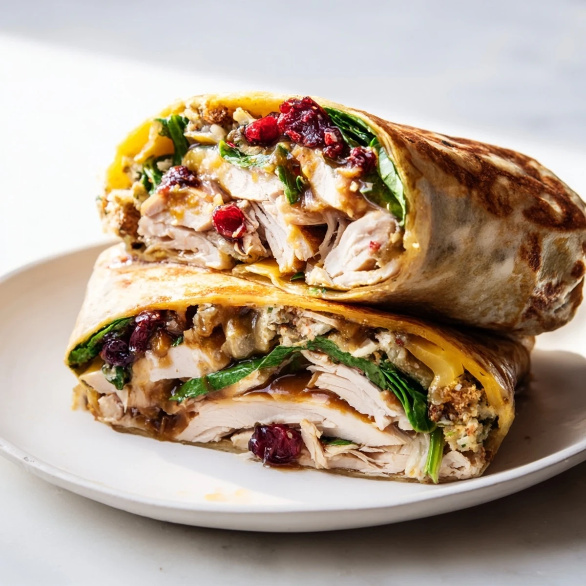 Warm and toasty Moist Maker Chicken Wrap, beautifully layered with juicy chicken, wrapped tight.