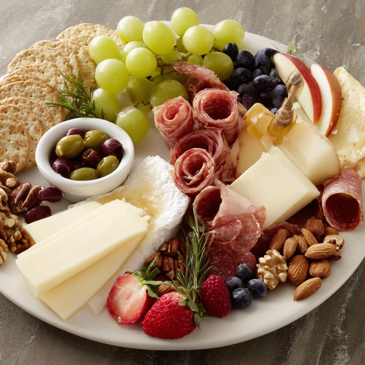 Quick Charcuterie Snack Board, vibrant with cheeses, meats, and fresh fruits, ready to enjoy.