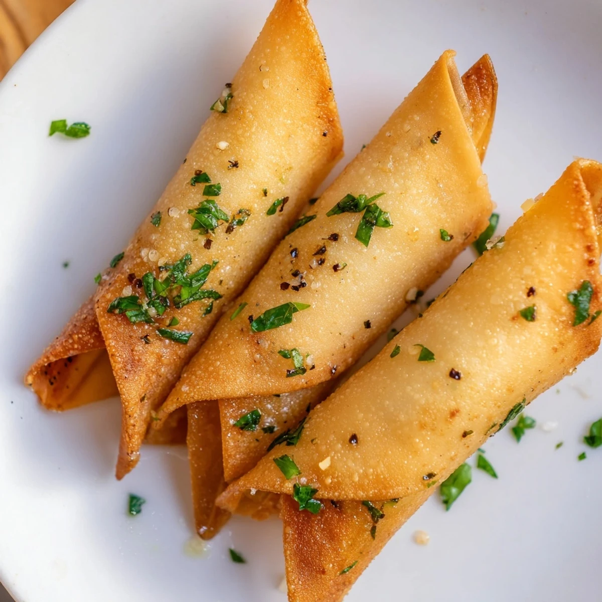 Golden brown, crispy garlic lumpia chips ready to enjoy as a flavorful snack or appetizer.
