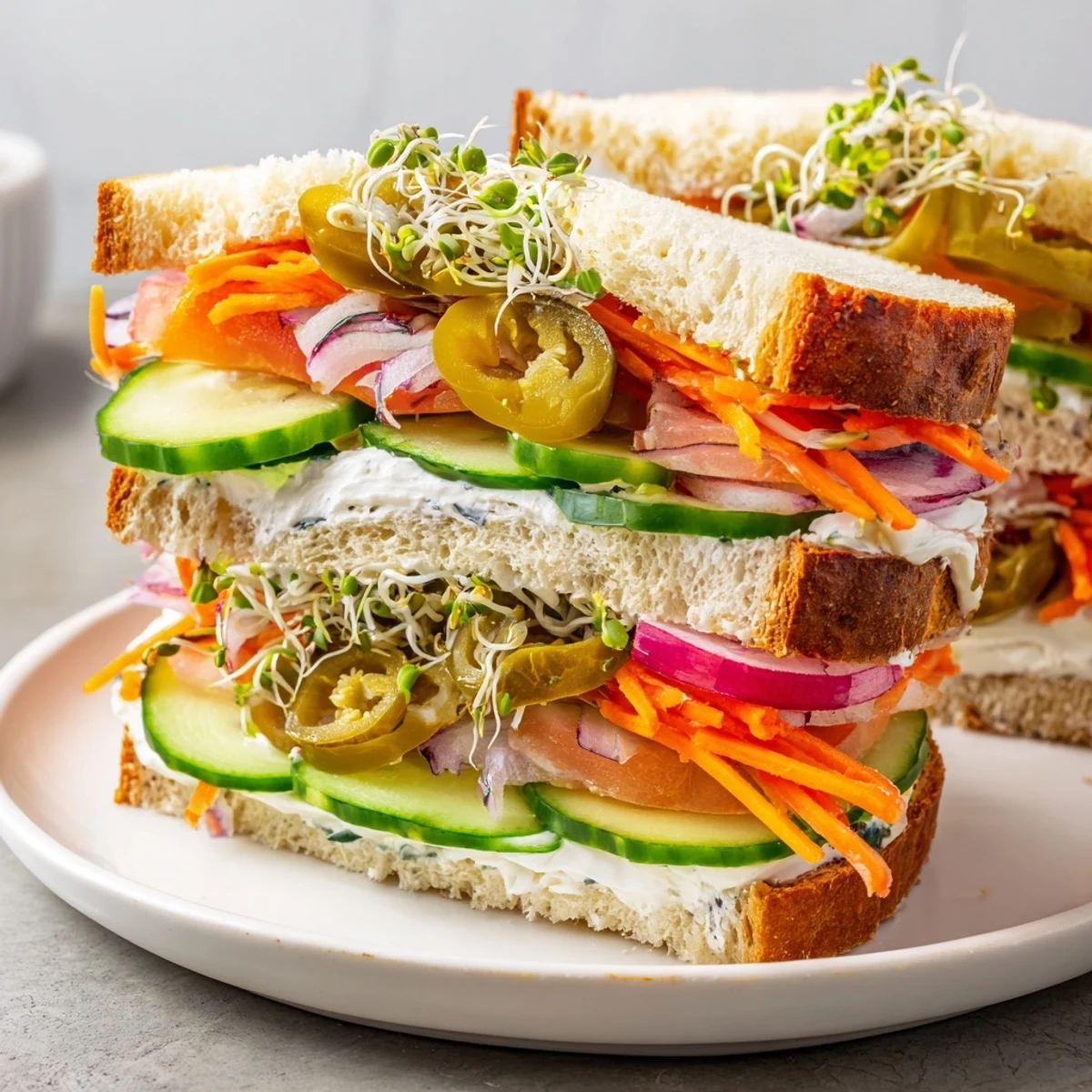 Crunchy dill pickle sandwich, bursting with layers of pickles and fresh veggies, ready to enjoy.