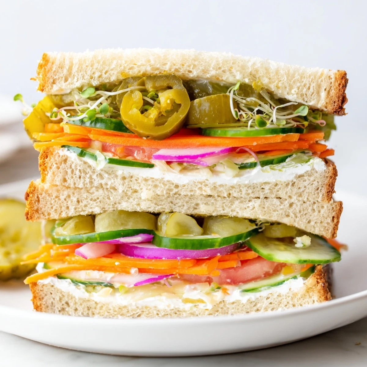 Perfectly stacked crunchy dill pickle sandwiches showing vibrant pickles in a delicious lunch.