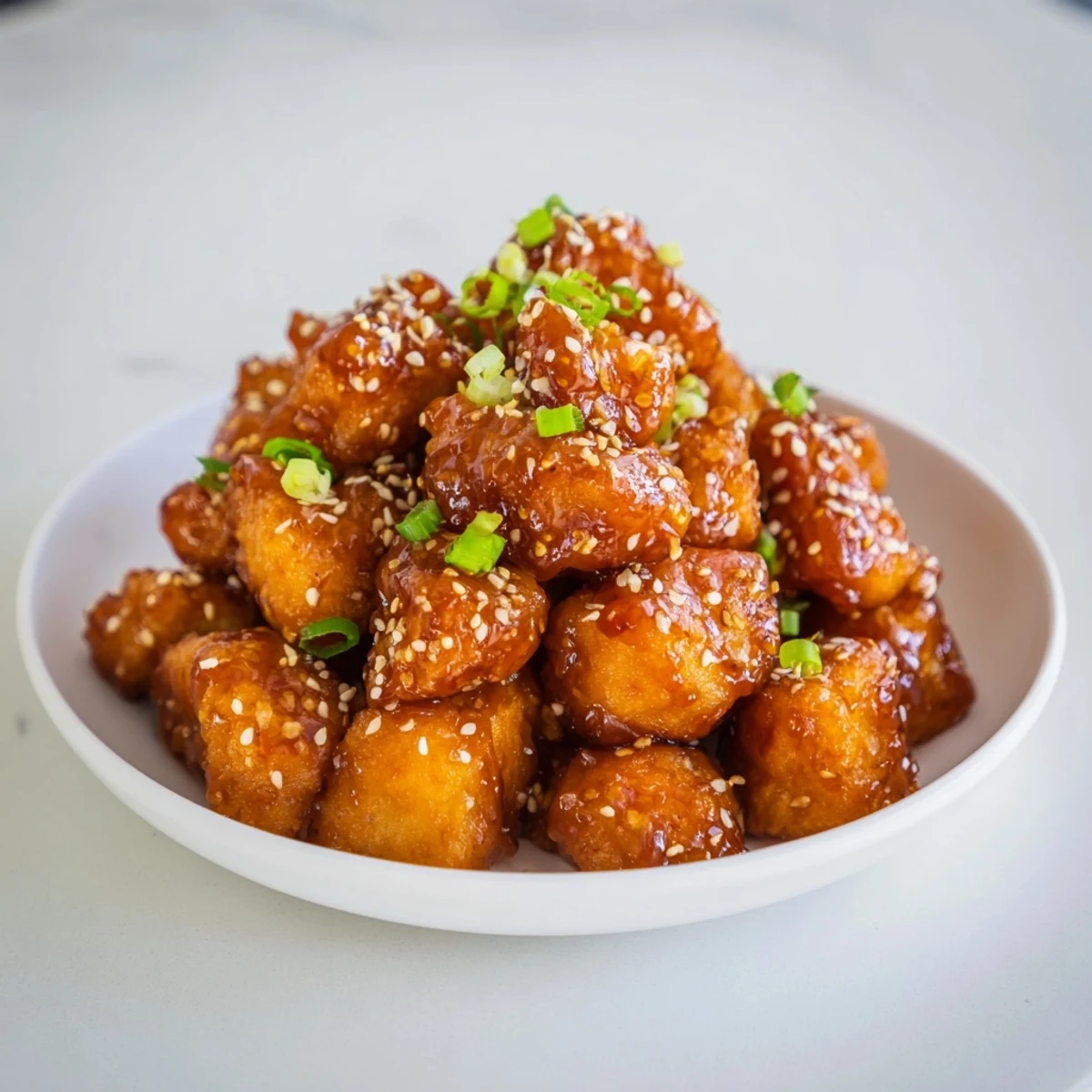 Crispy Honey-Sriracha Chicken Bites: Picture tender chicken coated in a flavorful, shiny, savory sauce.