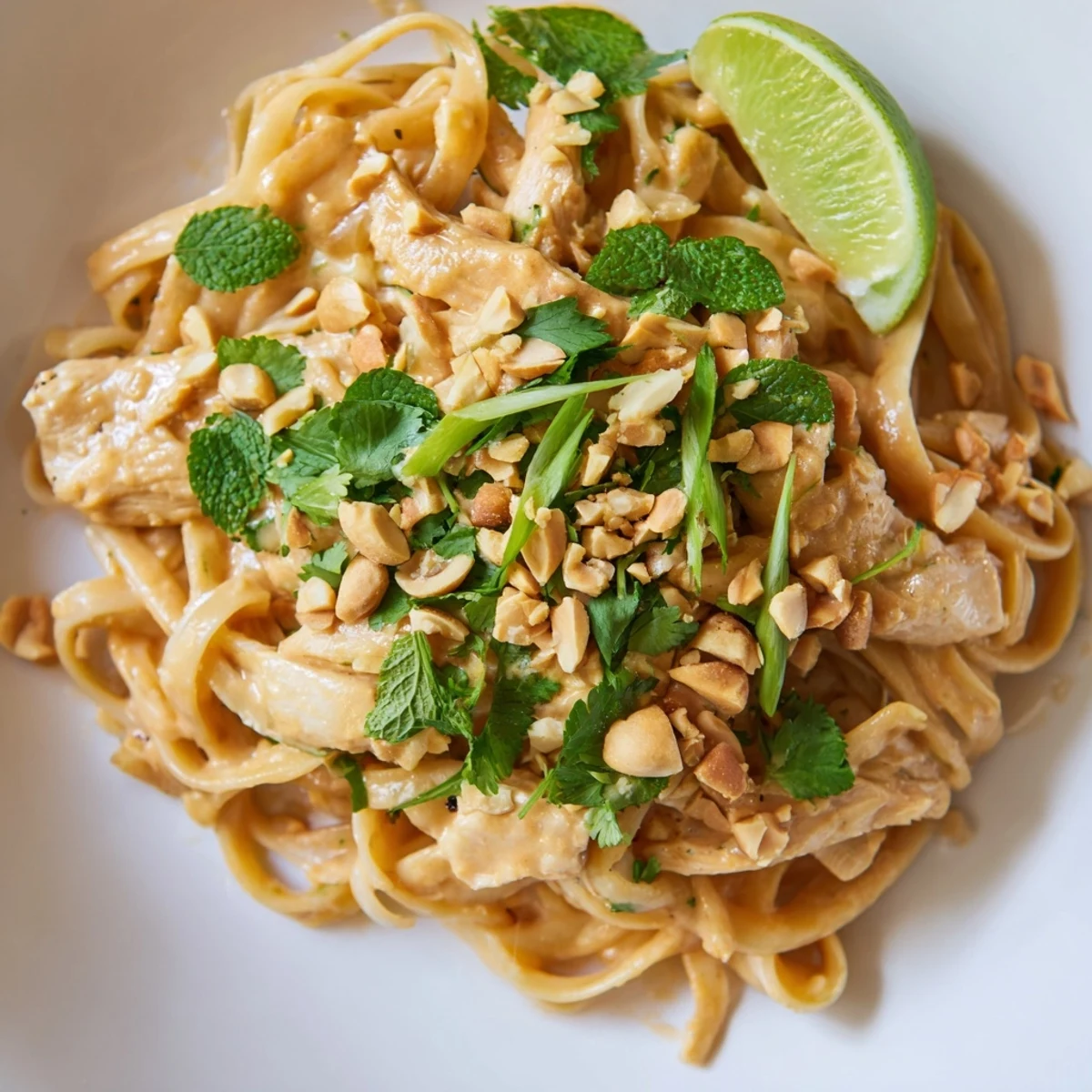 Steaming bowl of Thai Peanut Chicken Pasta, fragrant with fresh herbs and peanuts, ready to enjoy.