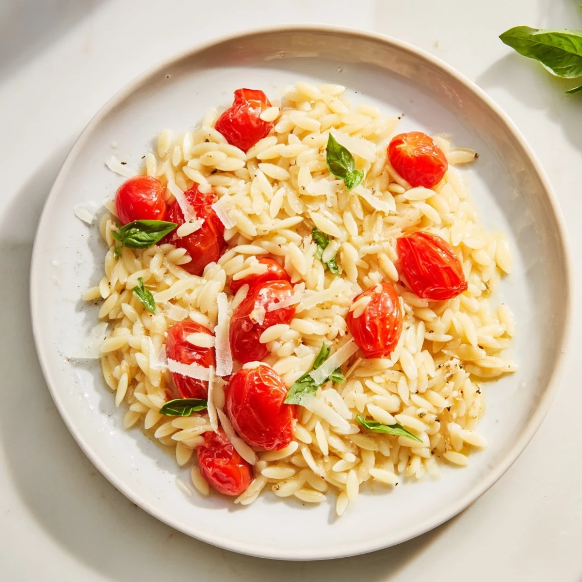 A bowl of creamy orzo tomato Parmesan, with glistening olive oil and grated cheese on top.