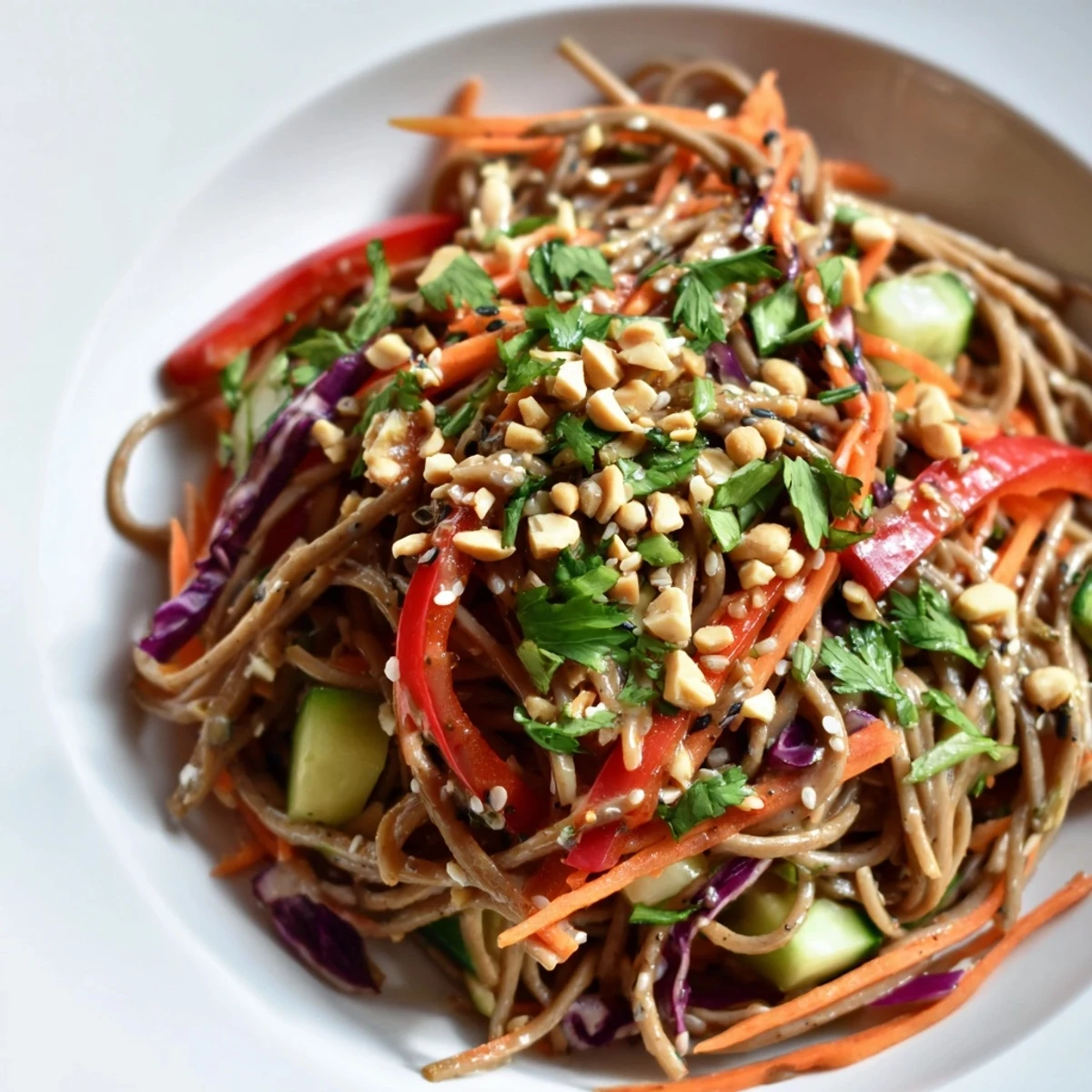 Vibrant Cold Noodle Salad with Sesame-Ginger Dressing, tossed with crisp vegetables and crunchy peanuts, ready to enjoy.