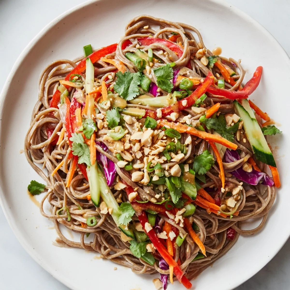 Close-up of Cold Noodle Salad with Sesame-Ginger Dressing, showcasing chilled noodles and a delicious Asian meal.