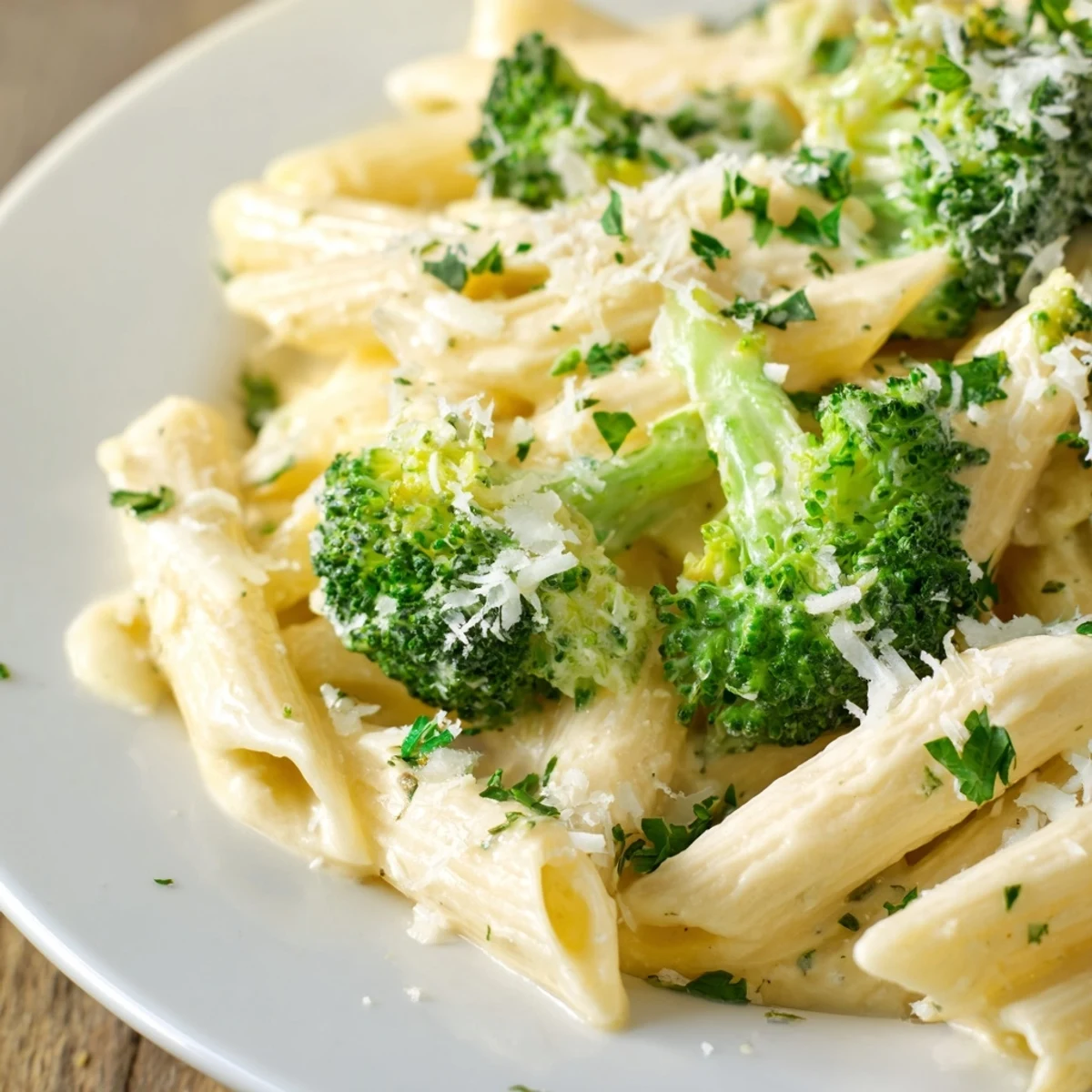 Tender pasta coated in rich cream cheese garlic sauce, garnished for the perfect dish.