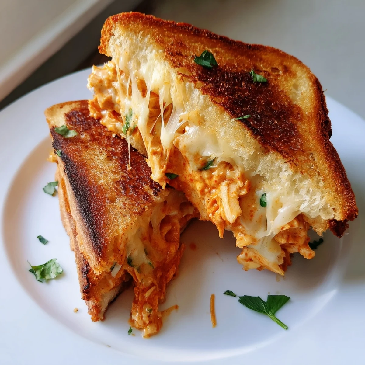 Golden, grilled Savory Butter Chicken Grilled Cheese oozes melted cheese and fragrant butter chicken filling.