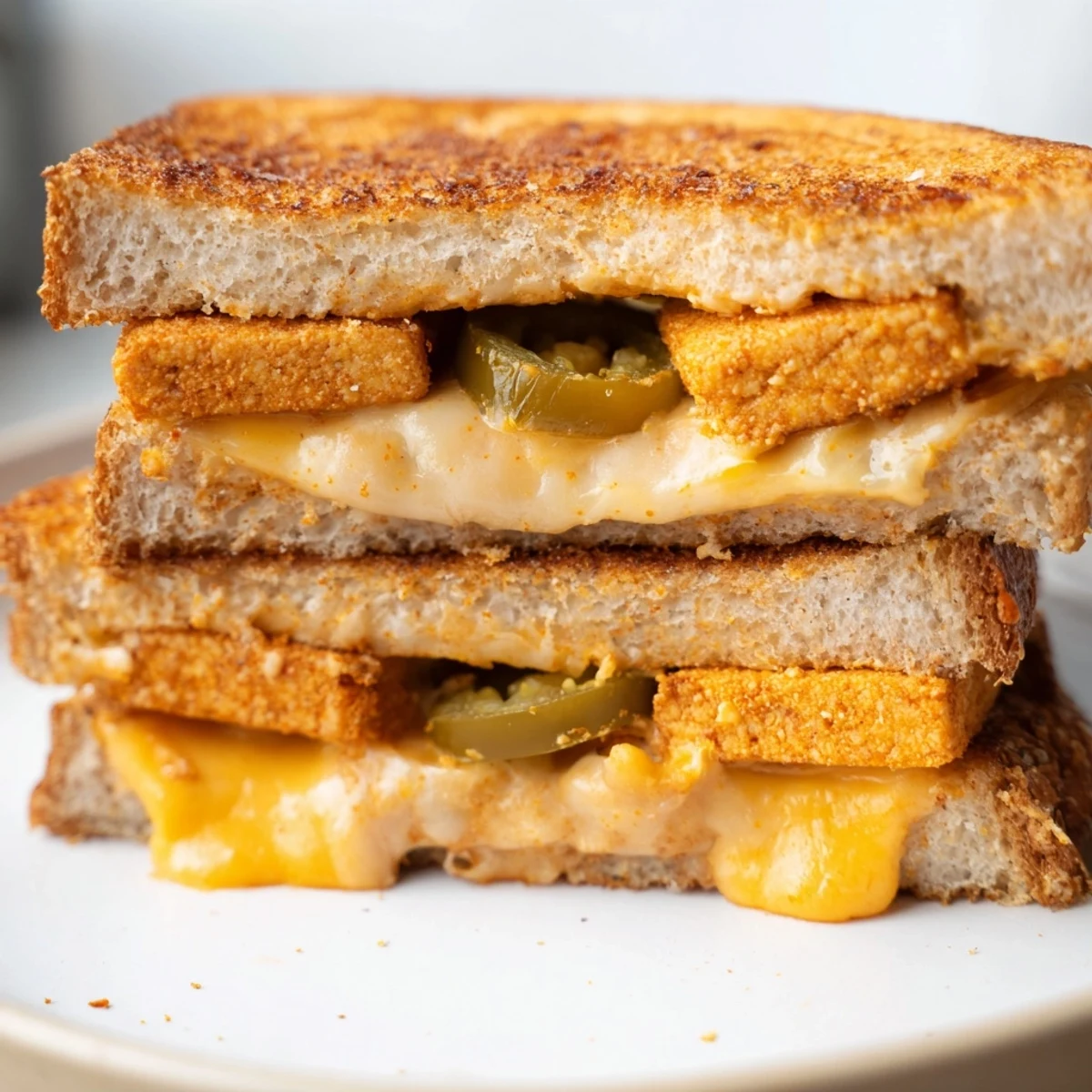 Golden, crispy Spicy Crispy Tofu Grilled Cheese with melted vegan cheddar, ready to eat.