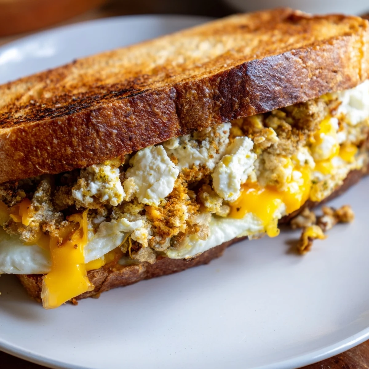 Golden-brown Feta Fried Eggs Grilled Cheese with a crispy edge, ready to savor.
