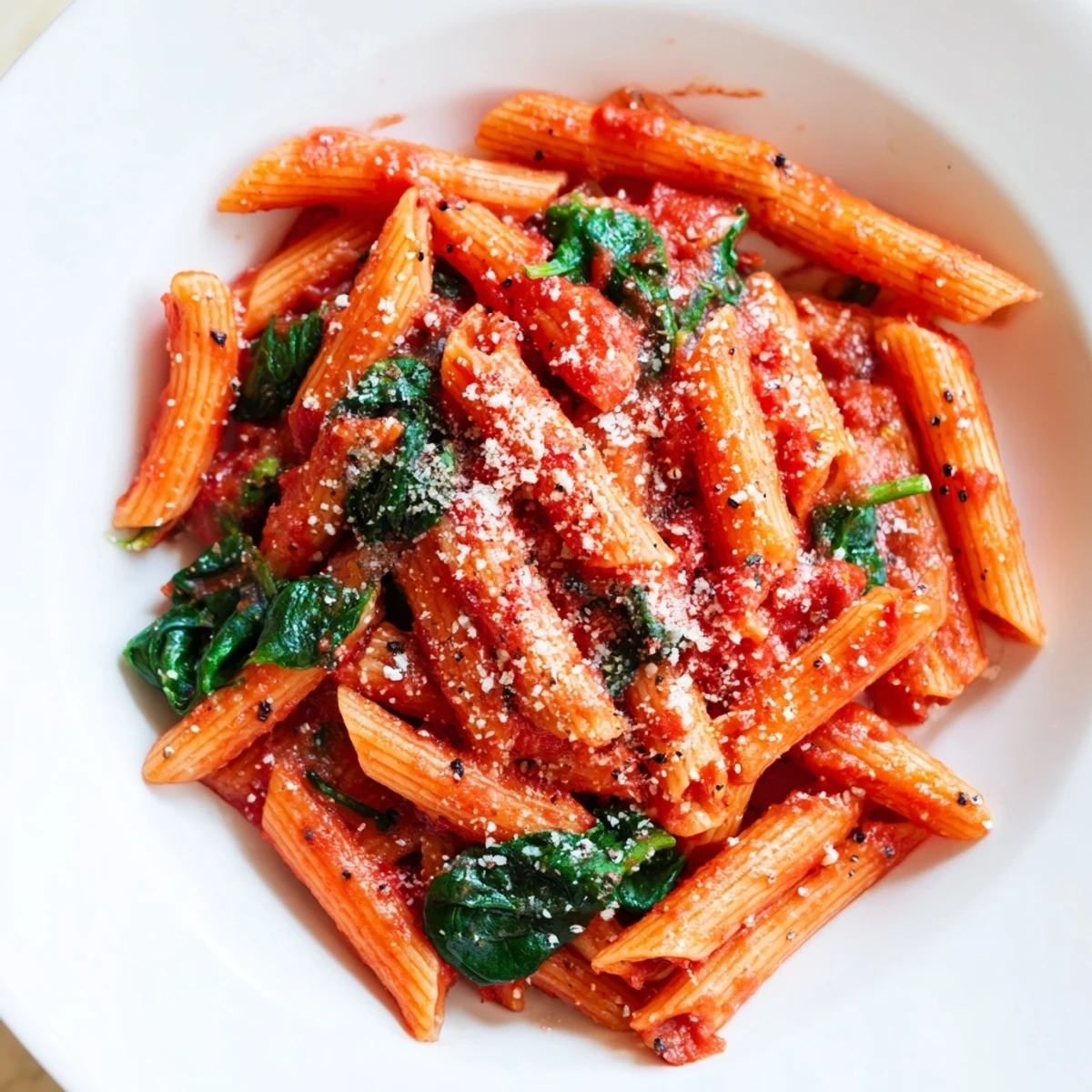 Delicious Quick Marinara Pasta with Spinach, topped with Parmesan cheese and fresh basil, ready to eat!