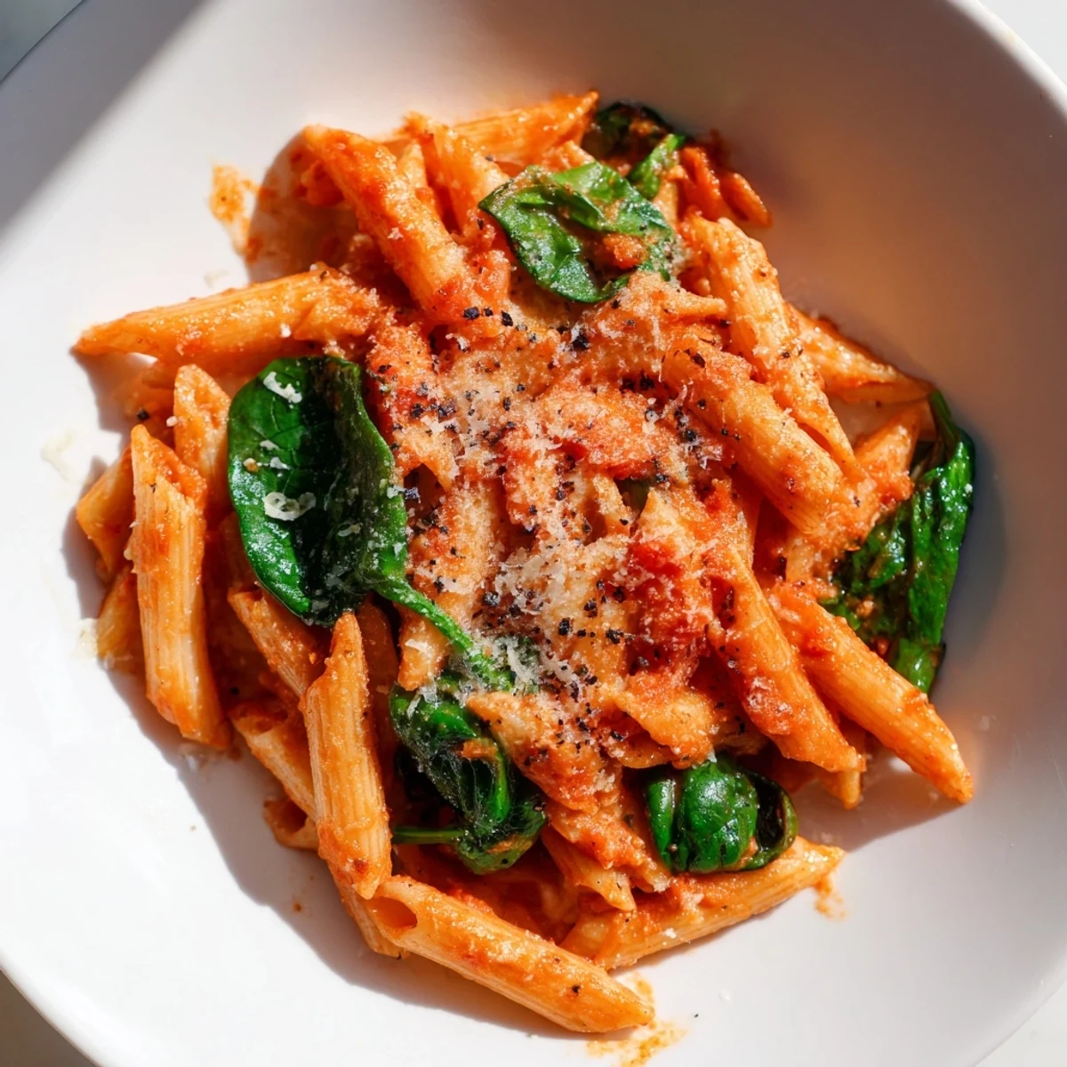 Close-up of hearty Quick Marinara Pasta with Spinach, showcasing tender pasta and rich, red sauce.