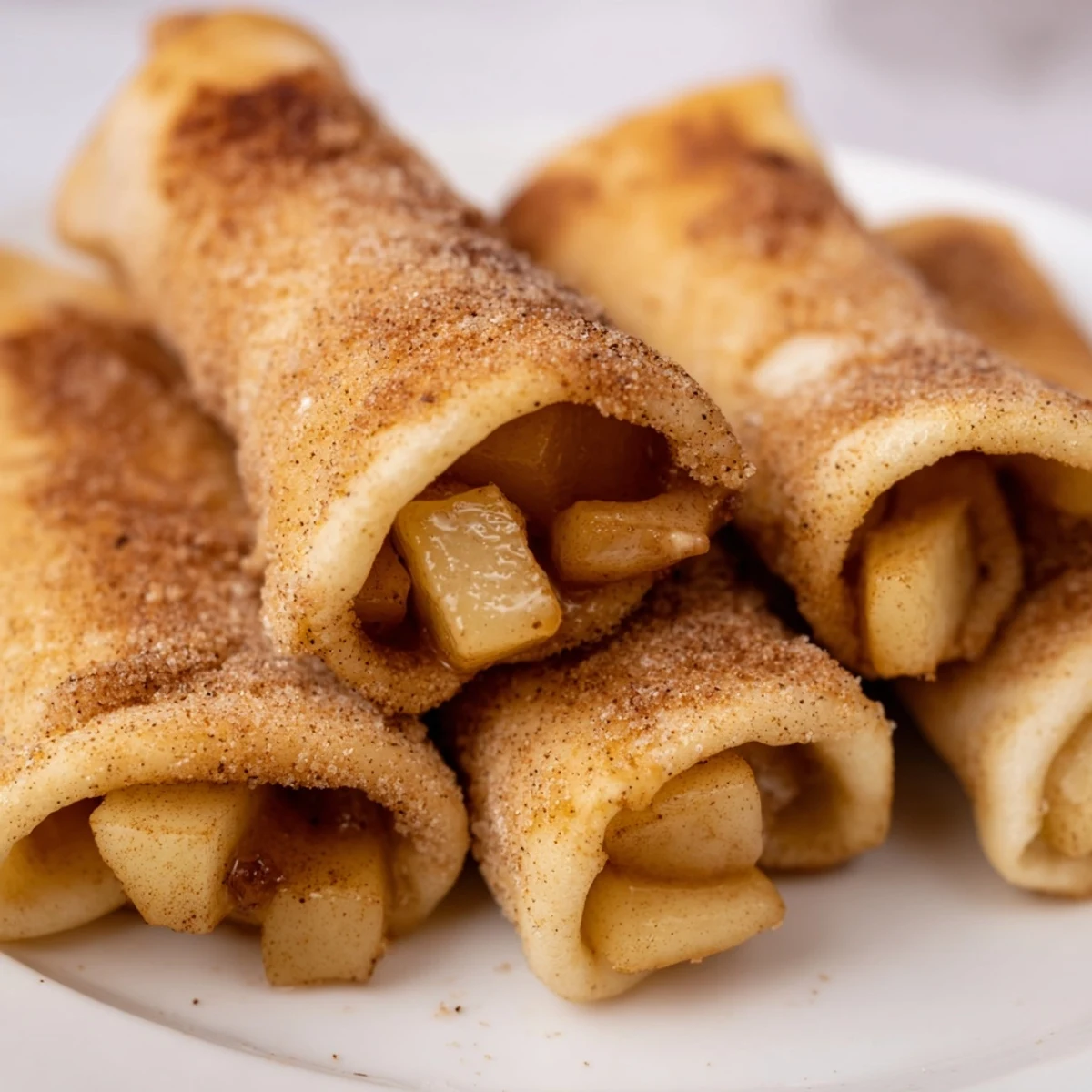 Warm and crispy Apple Pie Roll-Ups, golden brown and sprinkled with cinnamon sugar, ready to eat!