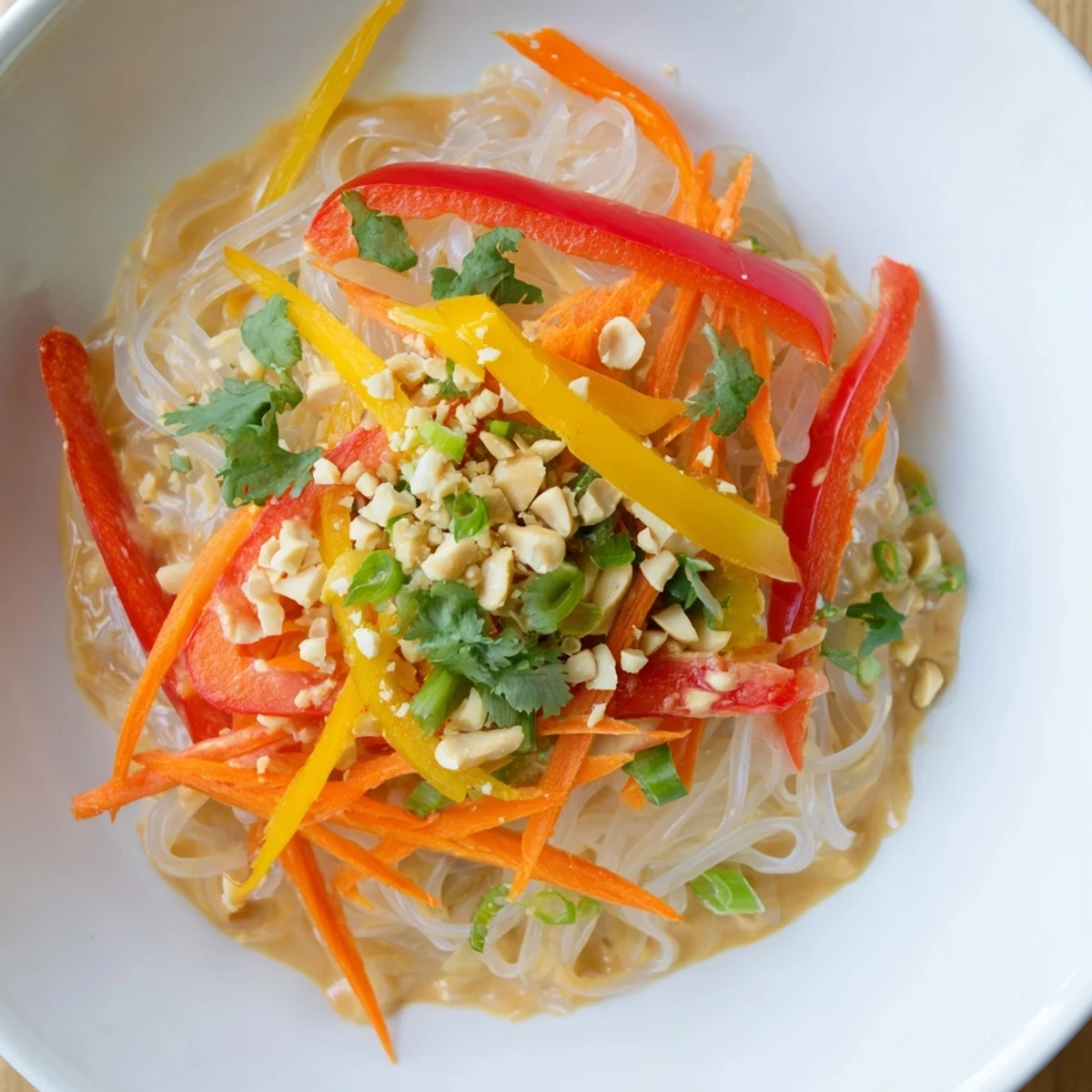 Vibrant photo of spicy peanut noodles, coated in a rich sauce, ready to be served and devoured.