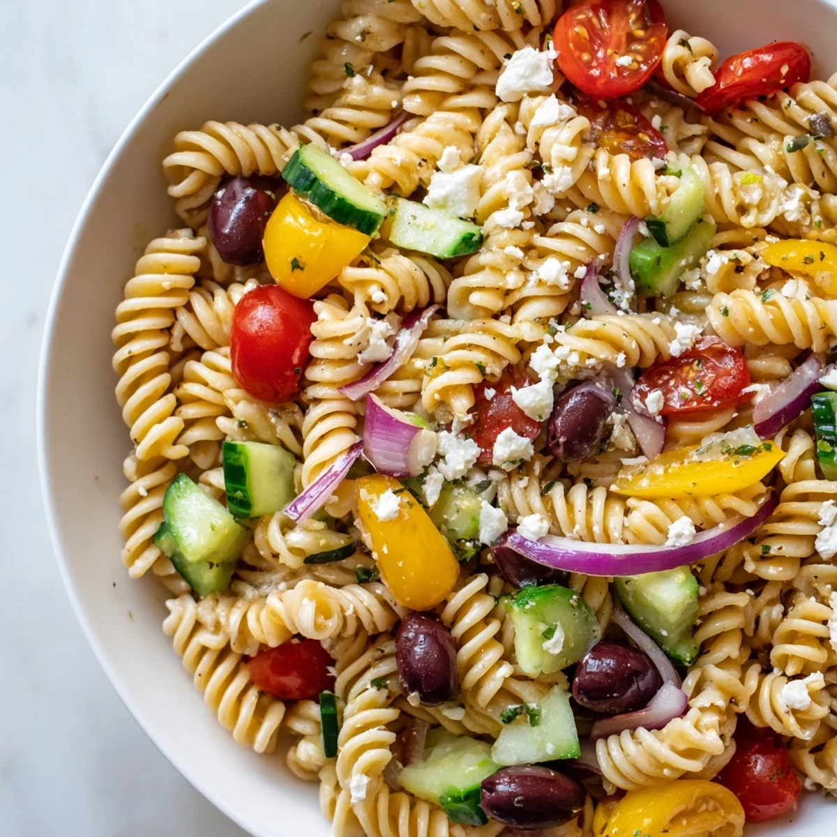 Close-up of a refreshing lemon pasta salad, inviting you to imagine its zesty flavors.