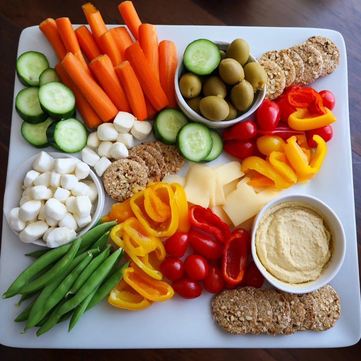 Vibrant Veggie Snack Board: Colorful vegetables, creamy dips, and cheeses arranged for an adult Lunchable.