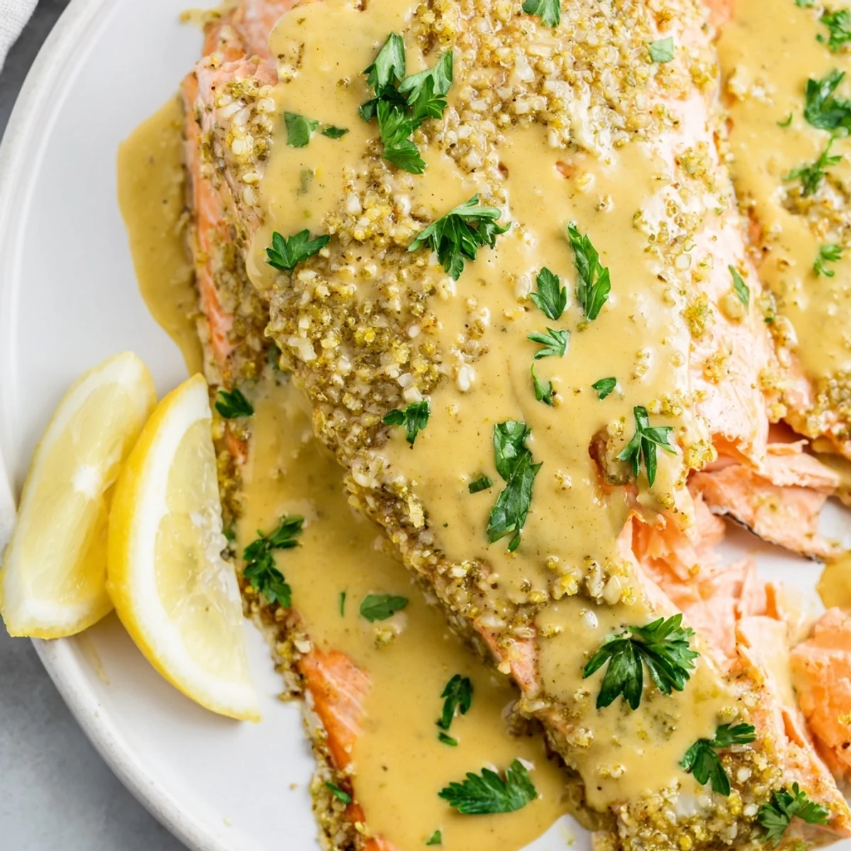 Golden-brown Honey Mustard Salmon fillets, glistening with sauce, ready for a delicious dinner.