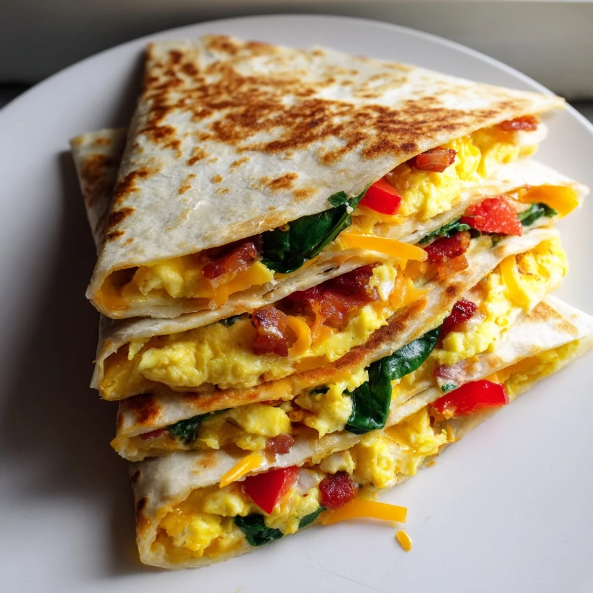 Golden and crispy Breakfast Quesadilla Hack cut open, revealing melty cheese, eggs, and veggies.