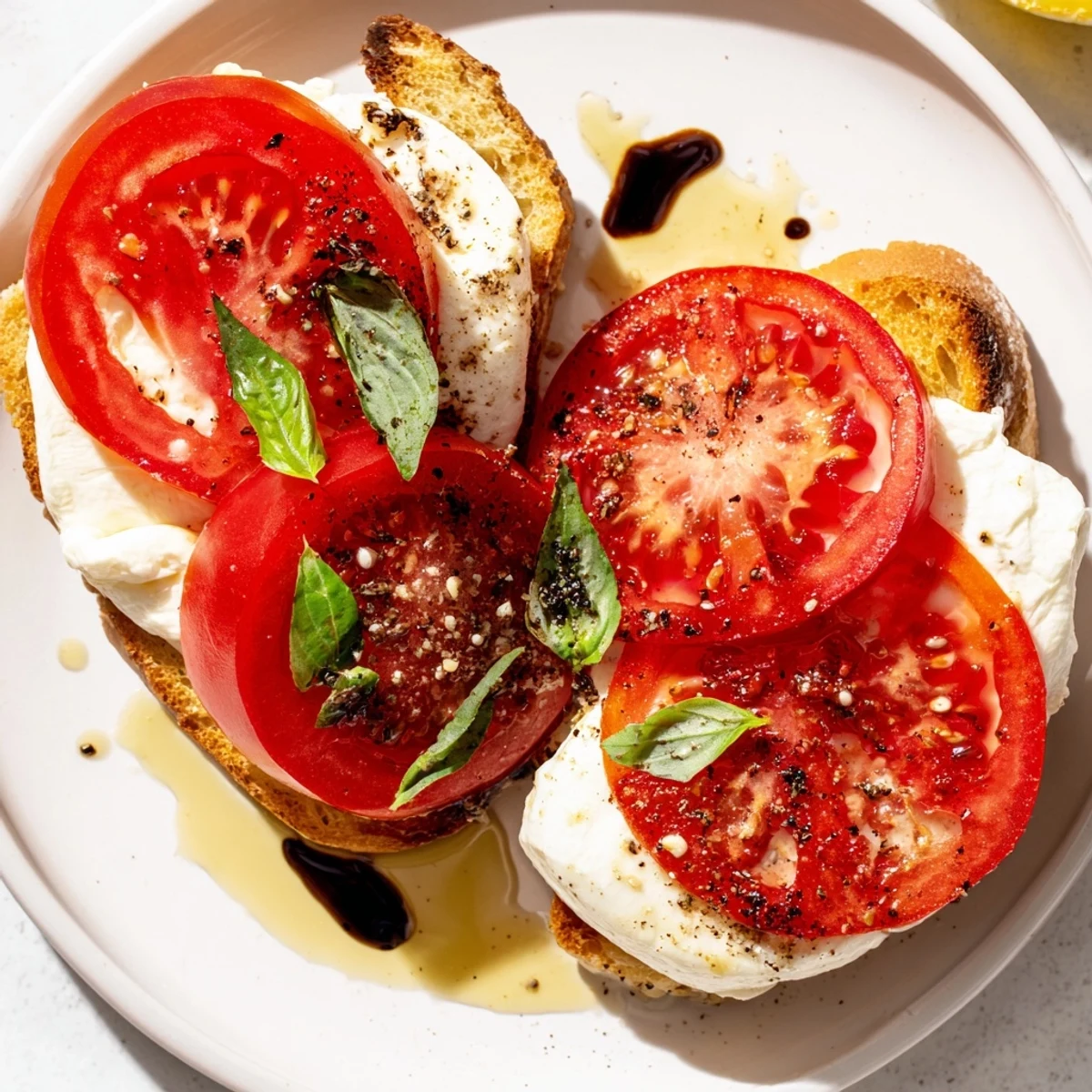 Savory Tomato Burrata Toast: A close-up view of fresh tomatoes and creamy burrata on crispy bread.