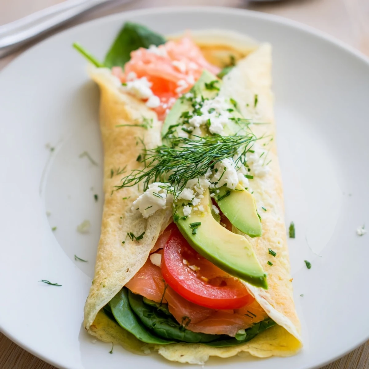 Blender-Egg Crepe Wrap, thin and golden, filled with fresh spinach and savory smoked salmon for breakfast.