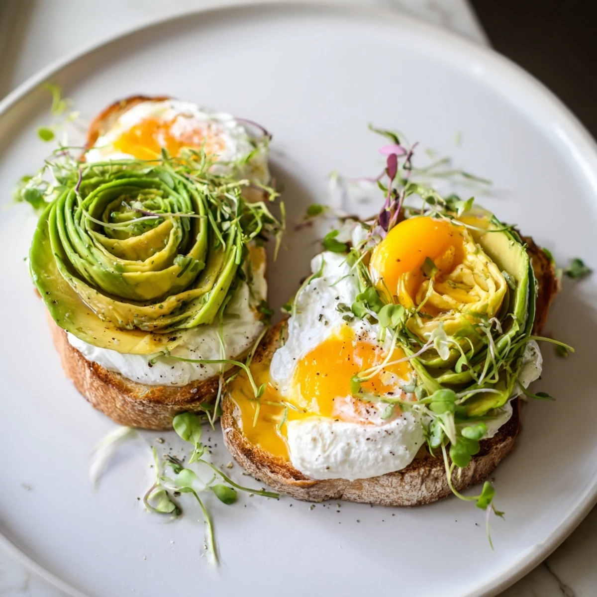 Fluffy, golden Cloud Toast 2.0 topped with a creamy avocado rose and a drizzle of honey.
