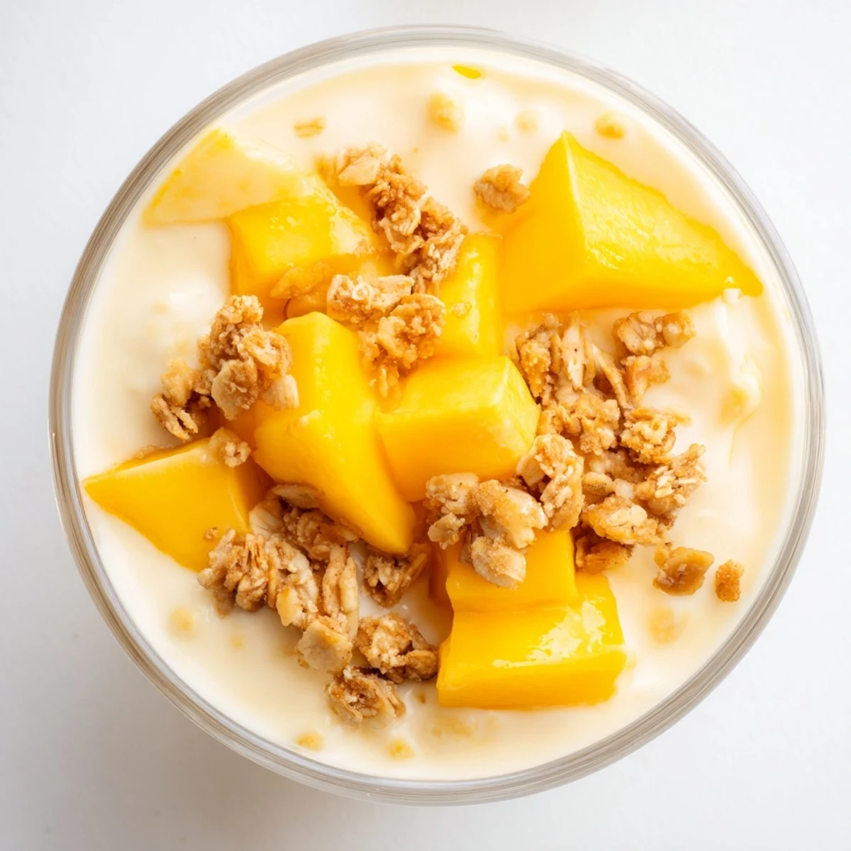 A vibrant close-up of mango blended overnight oats, showing a thick and smooth texture waiting to be savored.