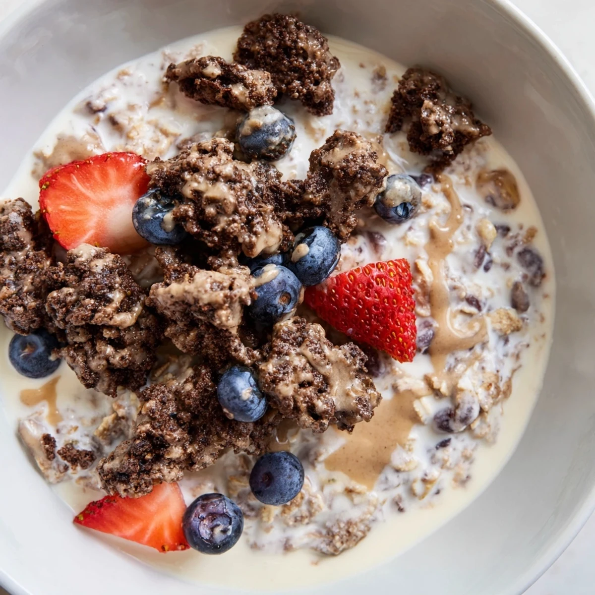 A close-up of creamy overnight oats gourmet makeover, swirled with peanut butter and berries.