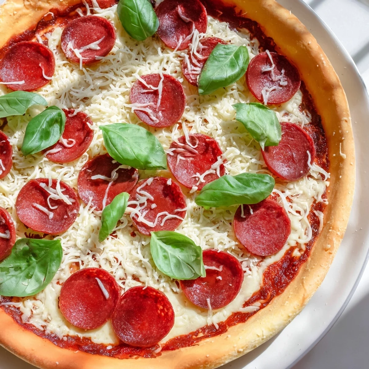 Savory ground beef pizza base adorned with a rich topping of cheese and pepperoni, perfect for dinner.