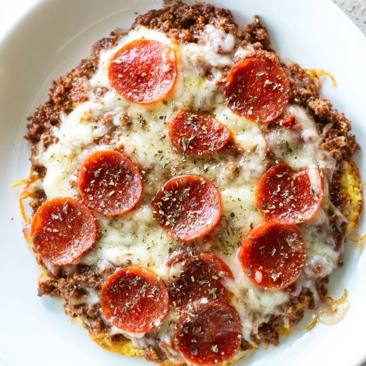 A bubbly, cheesy Meat Pizza Pepperoni Stack, loaded with spicy pepperoni and savory ground beef.
