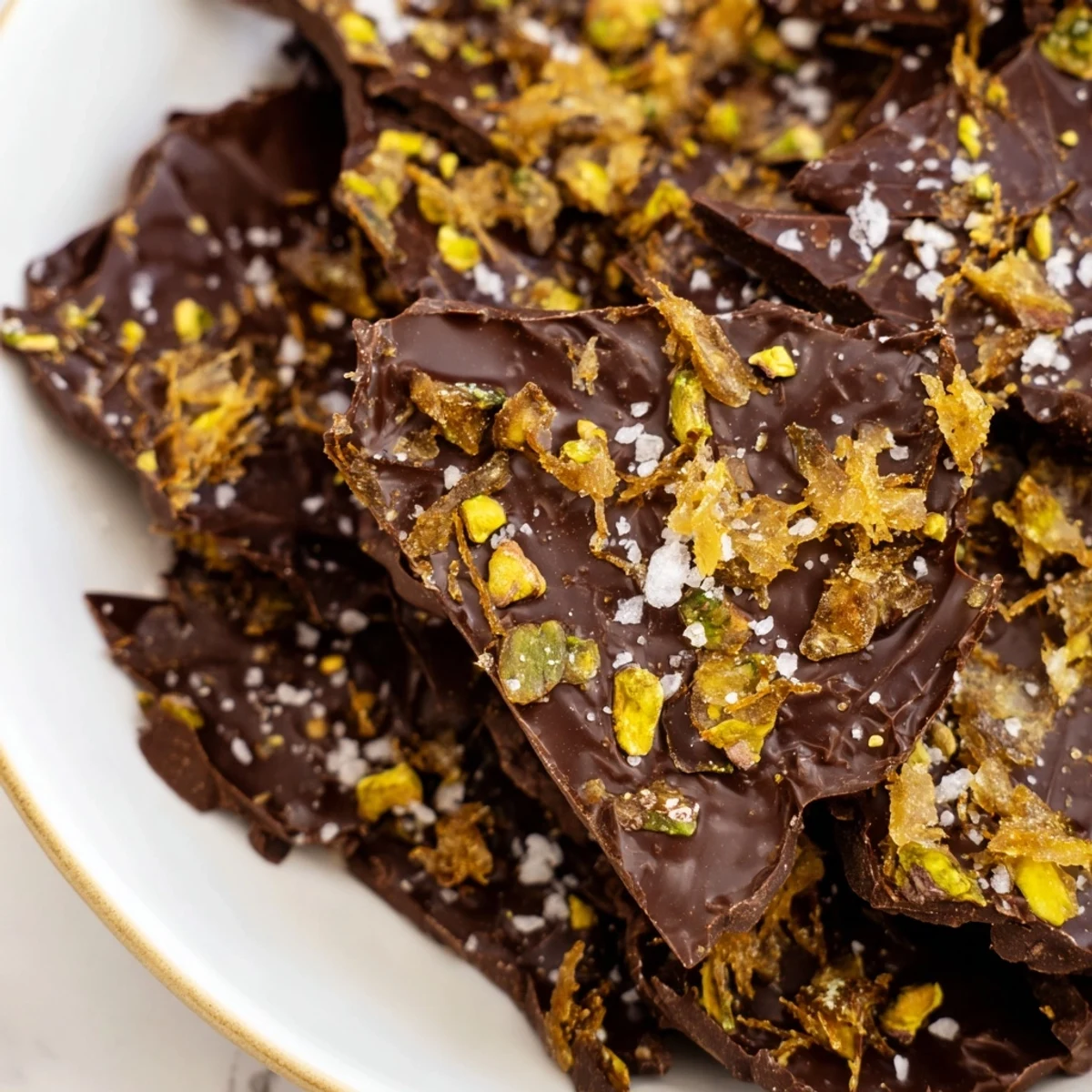 Delectable Kataifi chocolate crunch bark with chopped pistachios, ready for a sweet, satisfying bite.