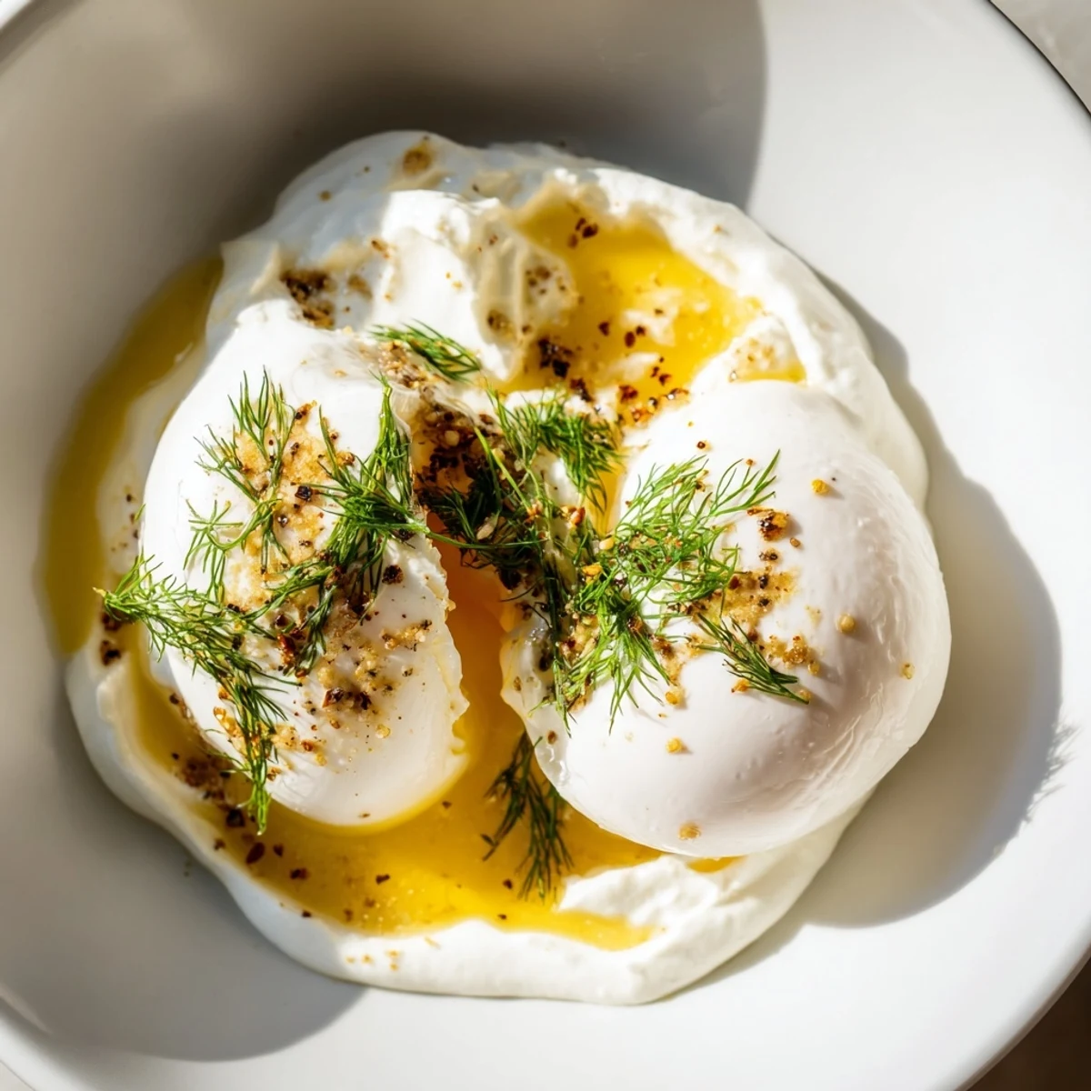 Golden-brown Cilbir showcases perfectly poached eggs atop a creamy yogurt base with spiced butter.