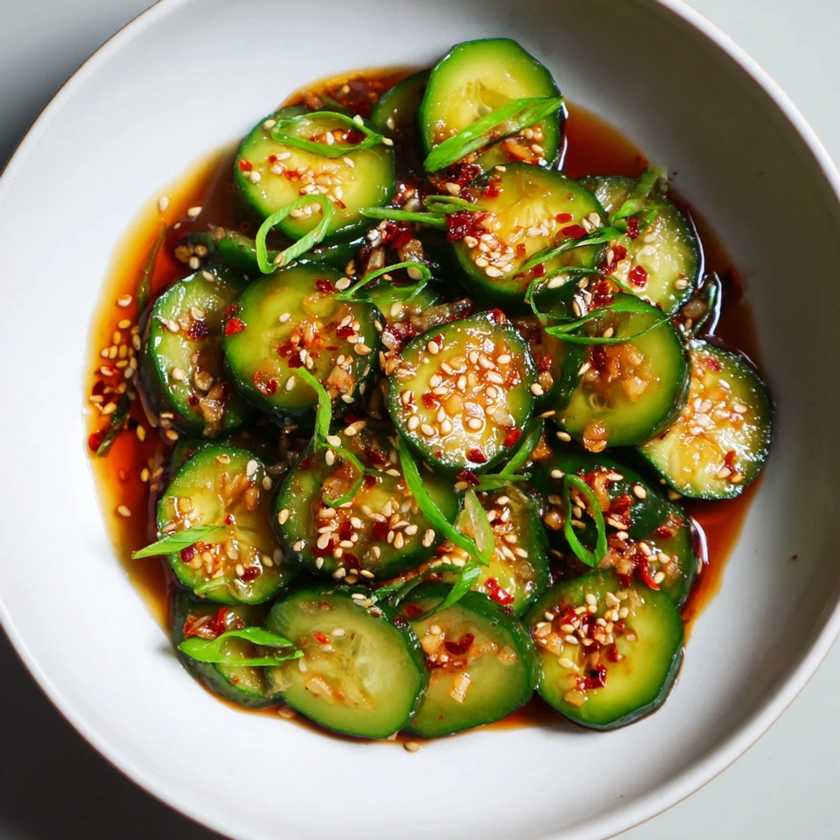 Pile of vibrant Shake Shake Garlic Cucumbers glistening with sesame seeds: a flavorful, refreshing summer side.