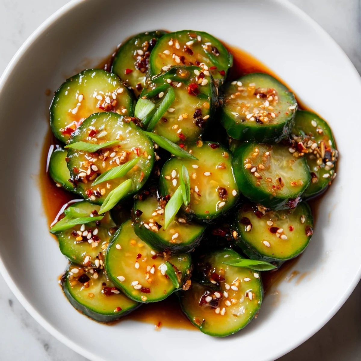 Close-up of freshly made Shake Shake Garlic Cucumbers – crunchy cucumbers doused in a soy-sesame dressing.