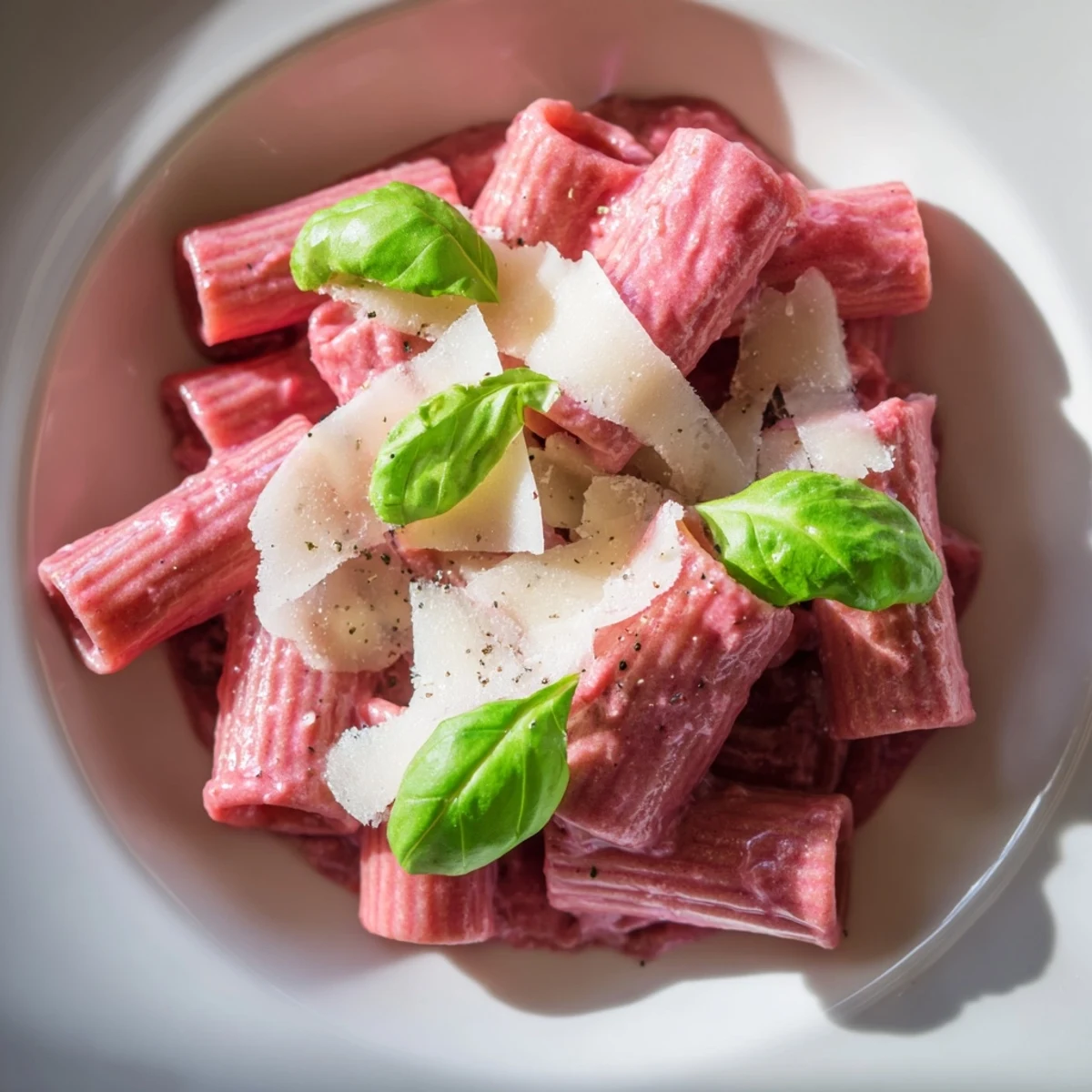 Vibrant pink pasta with beet cream, cooked al dente, topped with fresh basil and Parmesan cheese.